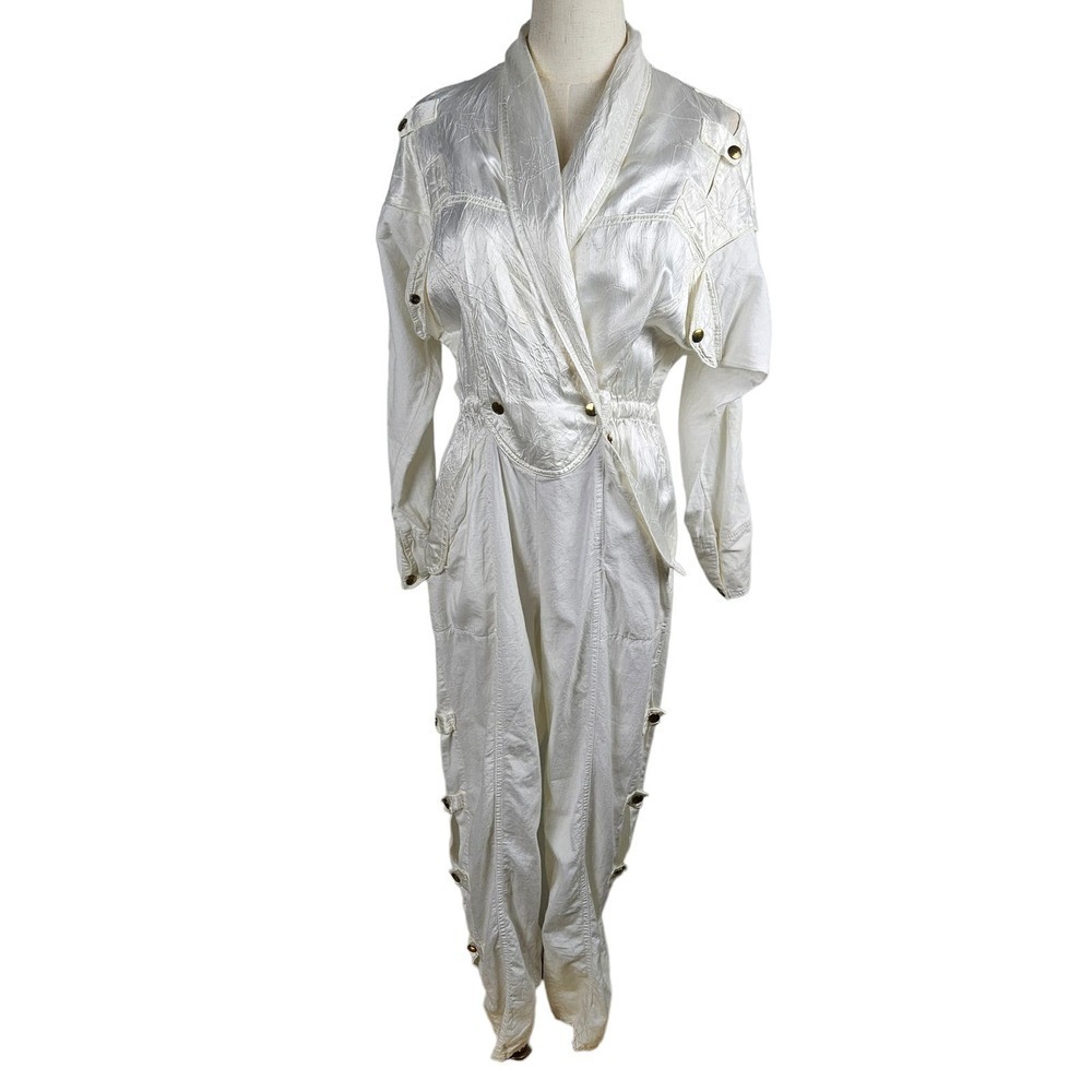 Vintage 80s Victor O'BADIDO'NC Jumpsuit S‎ Off White Cotton Satin Open Sides